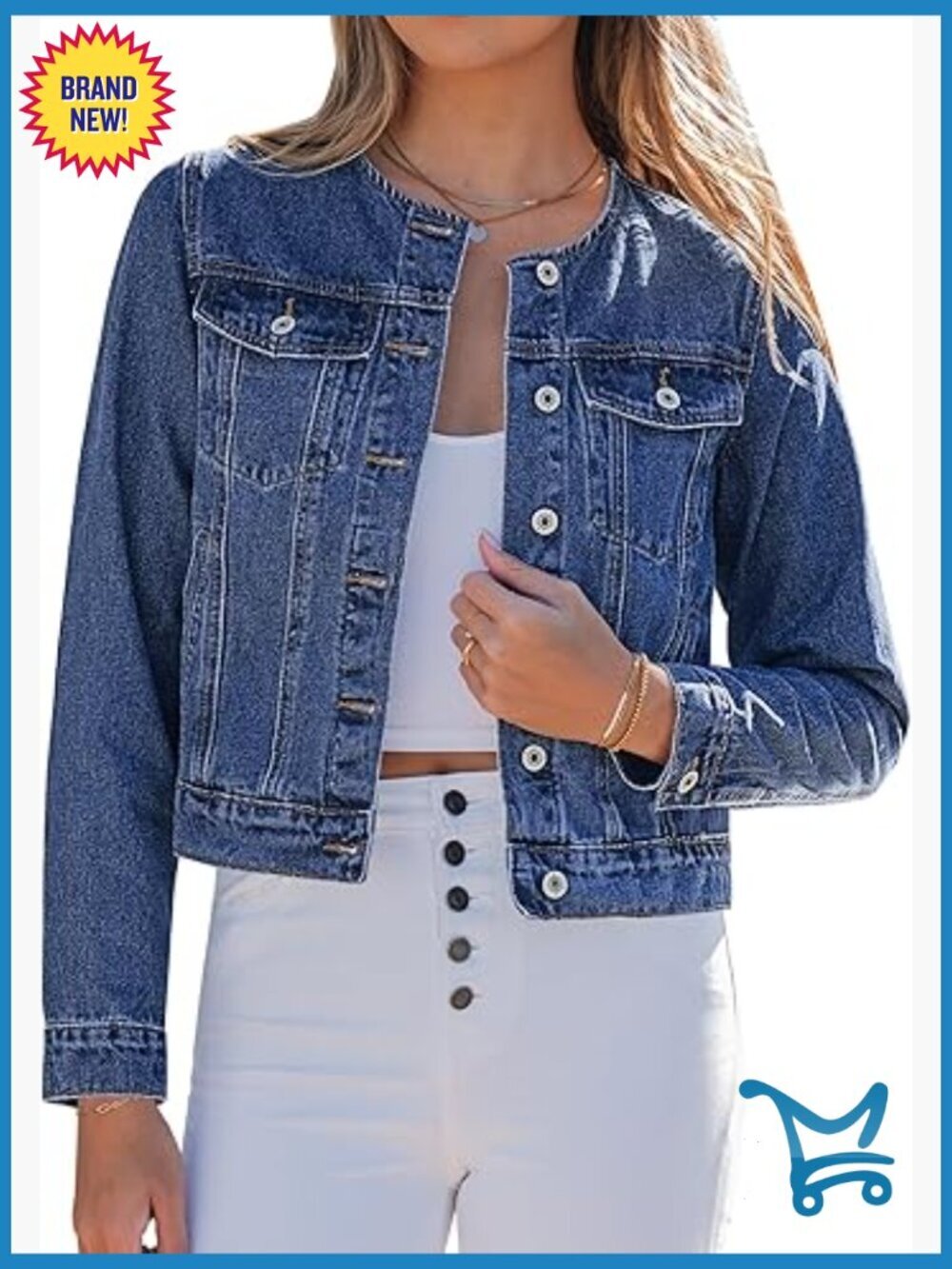 Denim Jacket Collarless Button Down Long Sleeve Casual Western